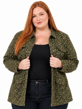 Forever 21+ 3X Olive Leopard Print Utility Military Field Jacket Plus Size